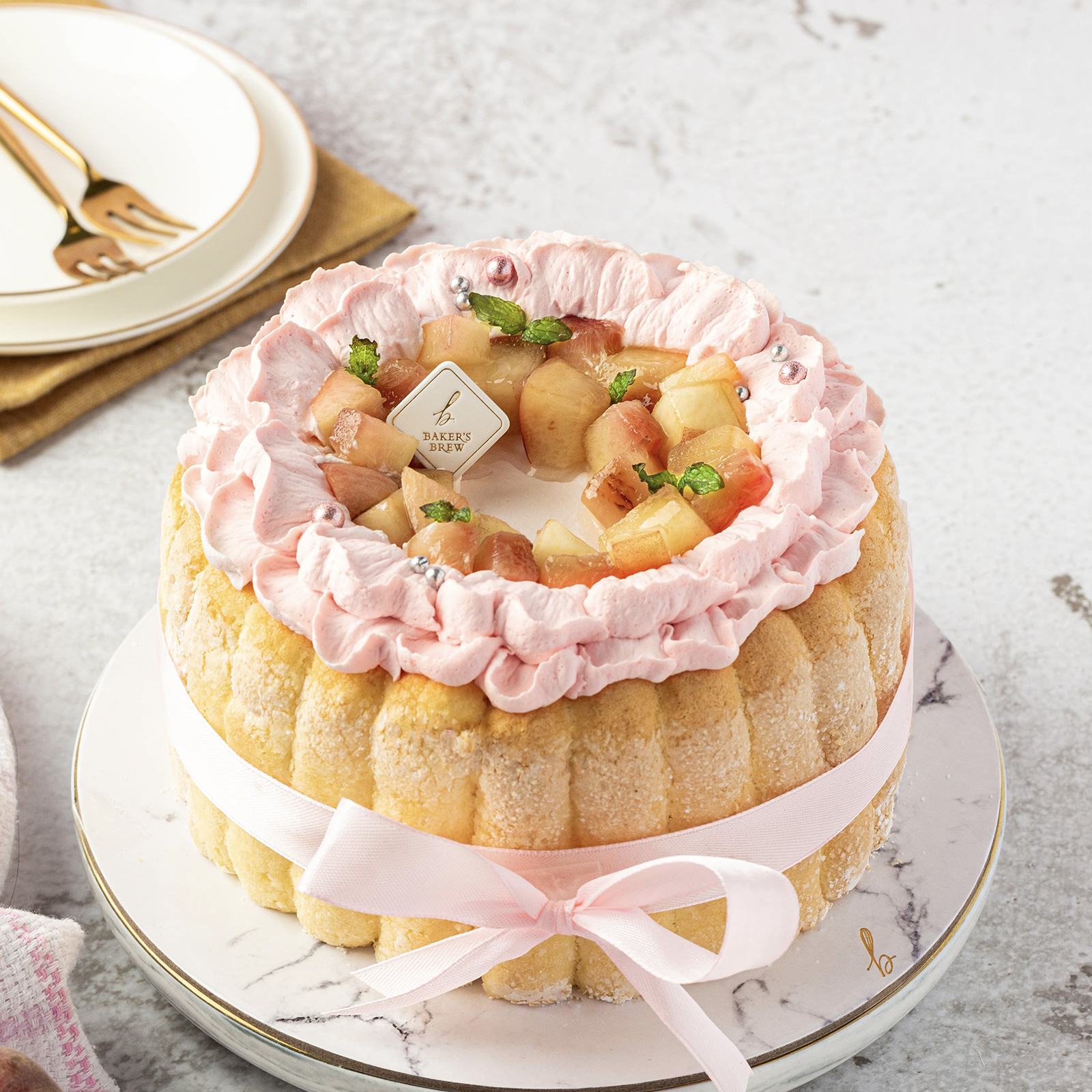 White Peach Charlotte Cake Baker S Brew Studio Pte Ltd