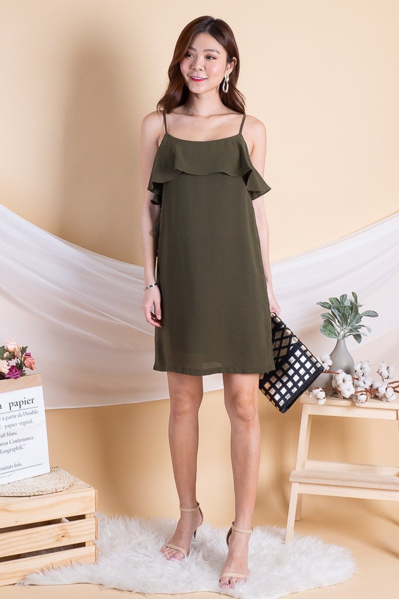 Trixy Side Ruffled Dress in Olive | 3INUTE