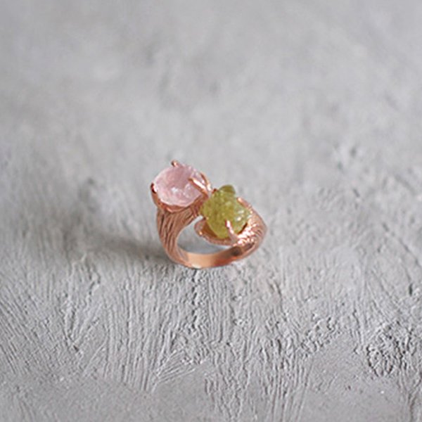 2 Head Ring - Rose Quartz and Green Garnet