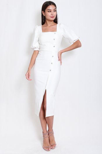 *Premium* Balloon Sleeve Midi Dress (White)