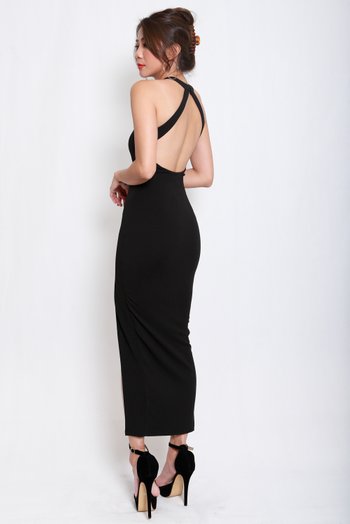 Open Back Slit Maxi Dress (Black)