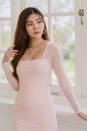 Mesh Sleeve Mini Dress (Pink)