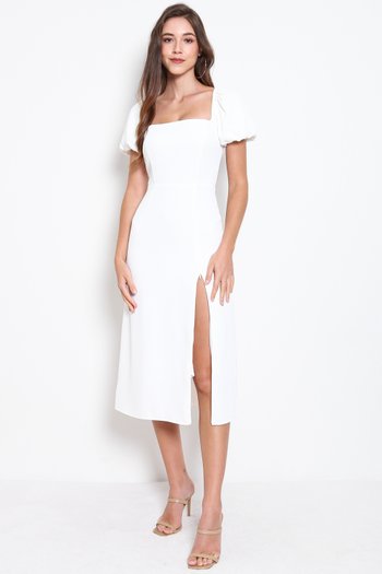 Square Neck Bubble Sleeve Dress (White)