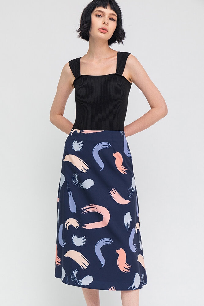 The Abstract Expressionist Midi Skirt (Navy)