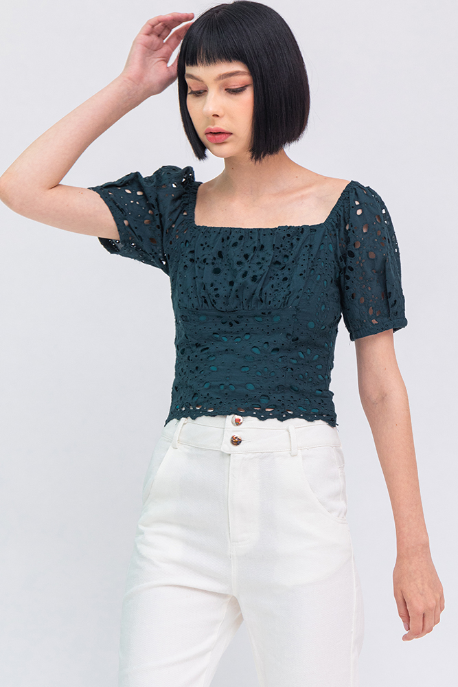 Ariel Eyelet Top (Forest Green)