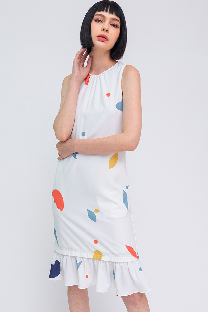 A Medley of Shapes Flounce Dress (White Bold Prints)