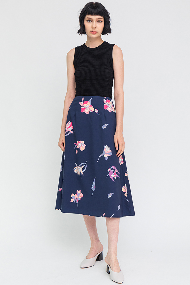 Dazzling Bloom Midi Skirt (Navy)