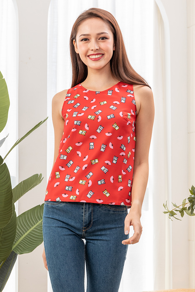 *Limited Edition* Luna The Fortune Cat Reversible Top (Red Pink Gingham)