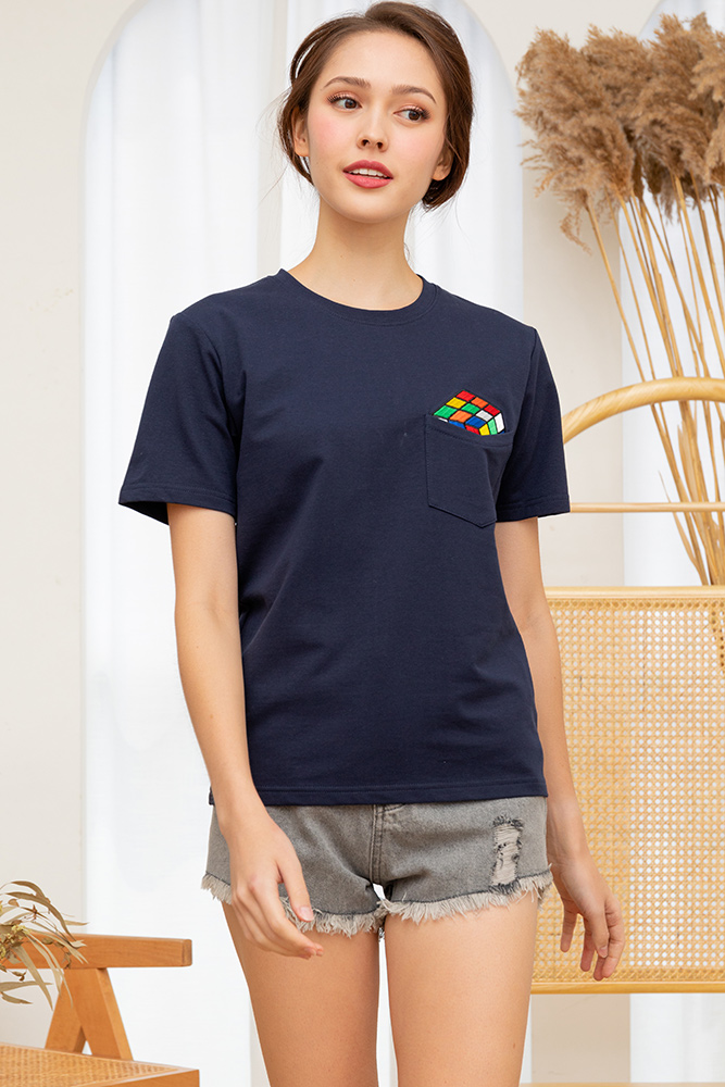Rubik’s Cube In A Pocket Girl’s T-Shirt (Navy)