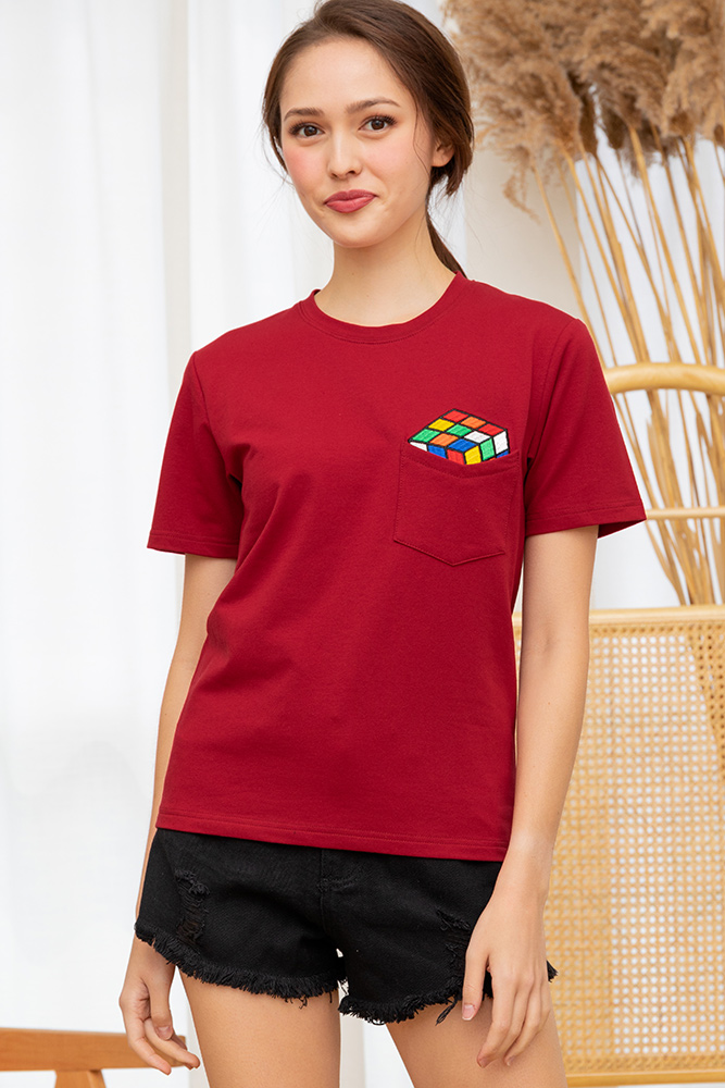 Rubik’s Cube In A Pocket Girl’s T-Shirt (Crimson)
