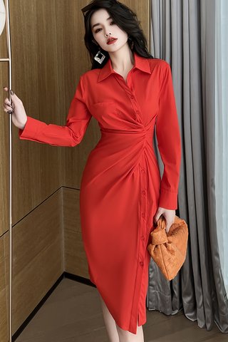 BACKORDER - Andora Ruched Sleeve Dress In Tangerine