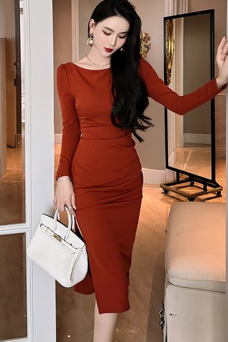 BACKORDER - Charise Sleeve Ruched Dress In Brick Red