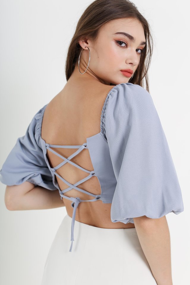 LUCY LACE UP TOP (STEEL BLUE)