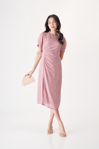 Irene Ruched Midi Dress in Pink