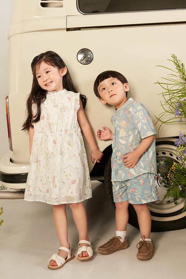 Kids&#039; Petal Mandarin Collar Dress in Whimsical Garden Print