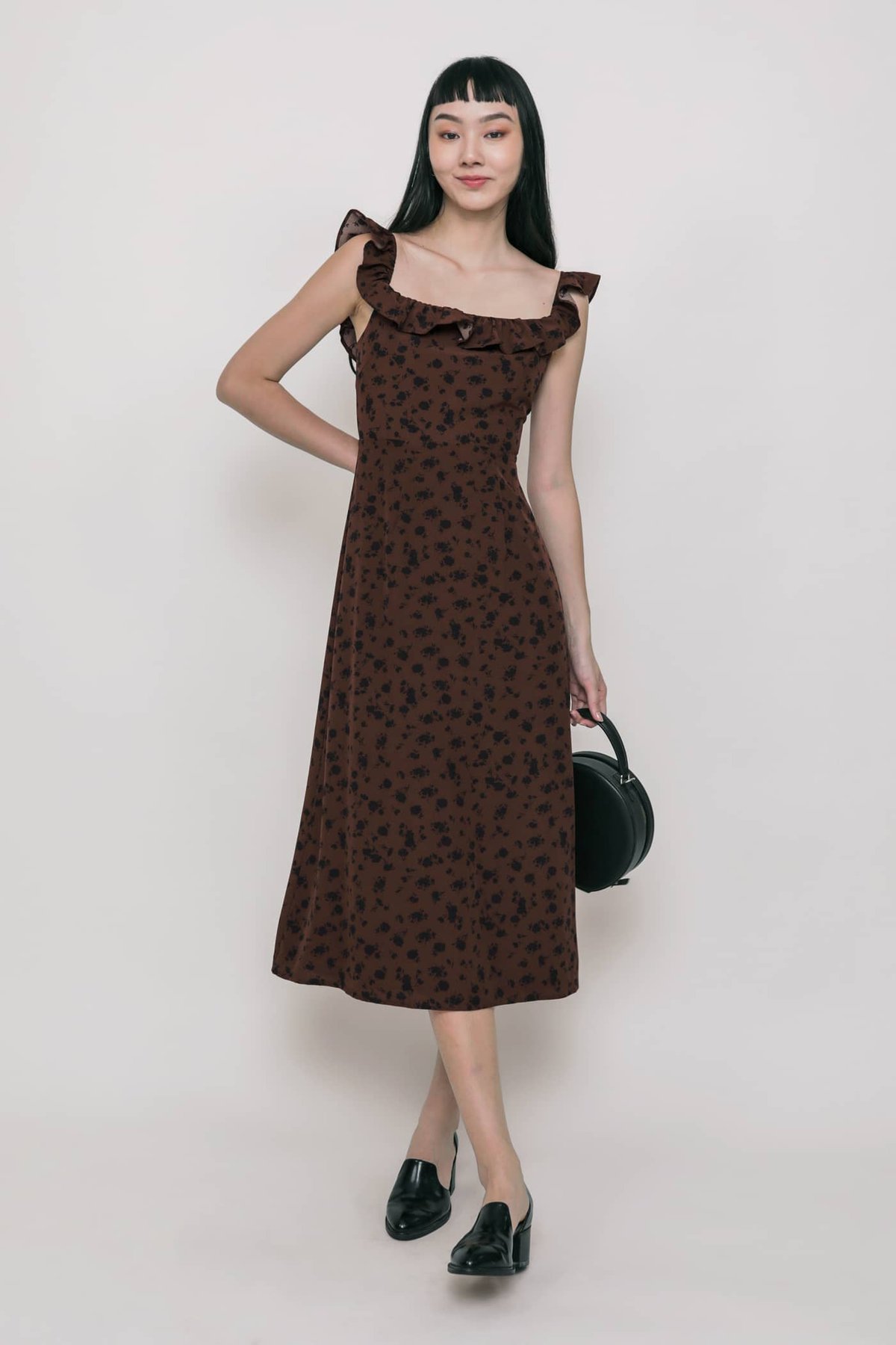Kacie Ruffles Midi Dress (Brown Florals)