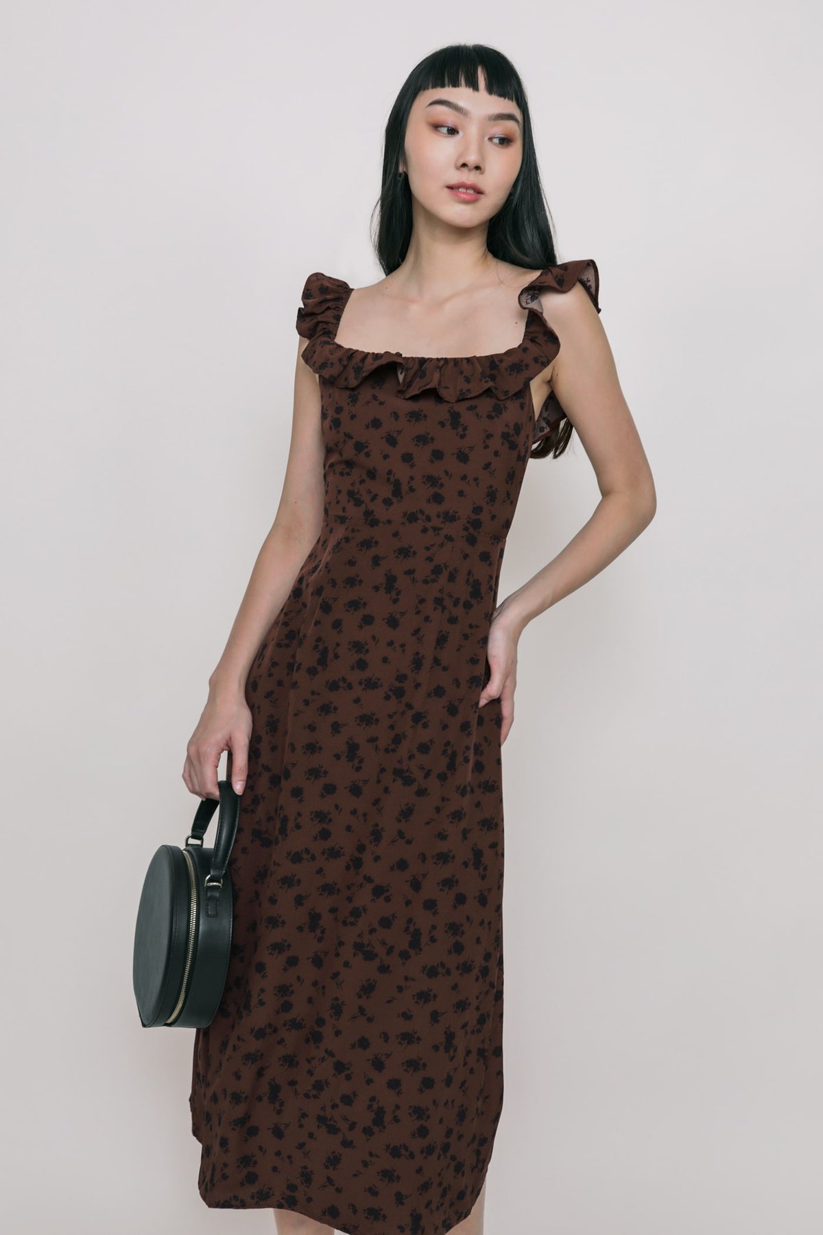 Kacie Ruffles Midi Dress (Brown Florals)