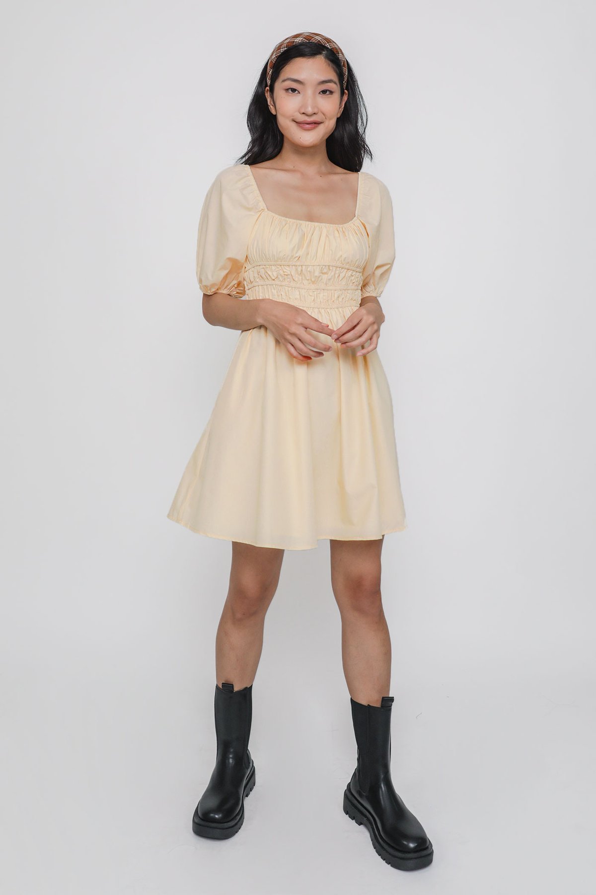 Adalyn Shirred Puffy Sleeved Dress (Cream)