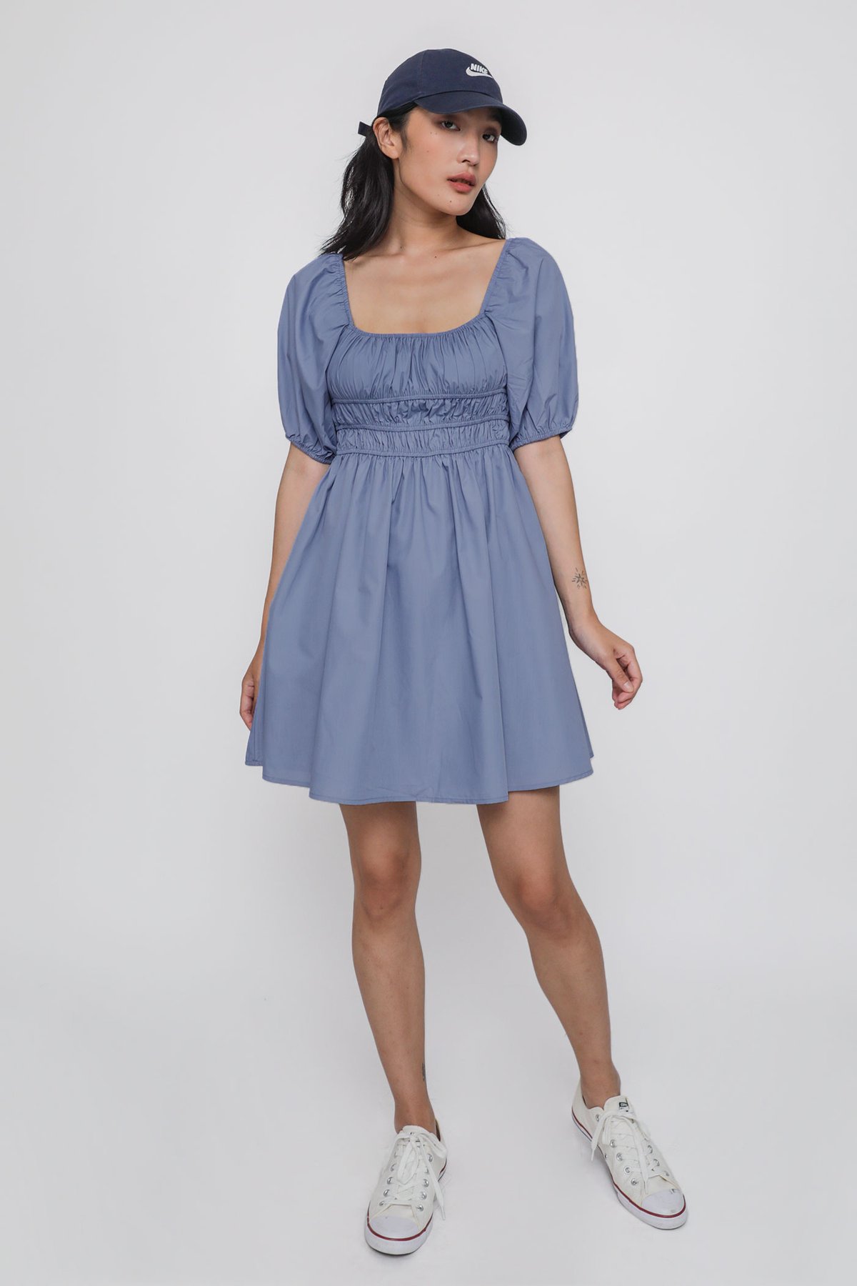 Adalyn Shirred Puffy Sleeved Dress (Periwinkle)