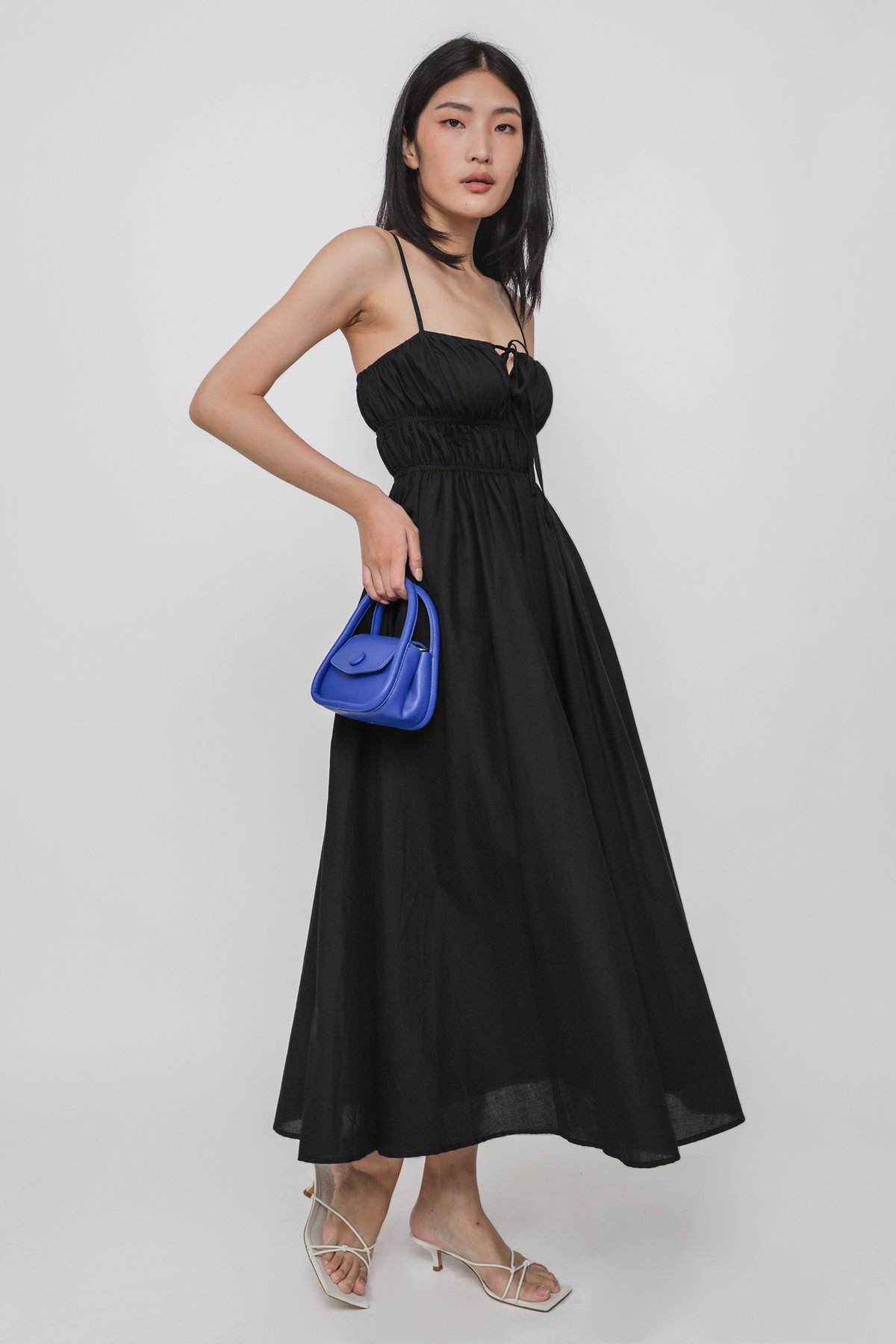 Taya Shirred Cotton Tiered Maxi Dress (Black)