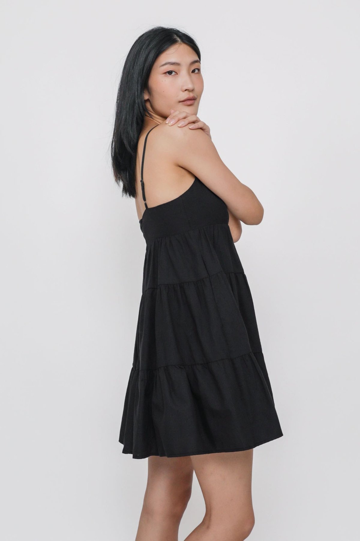 Roxana Babydoll Tiered Dress (Black)