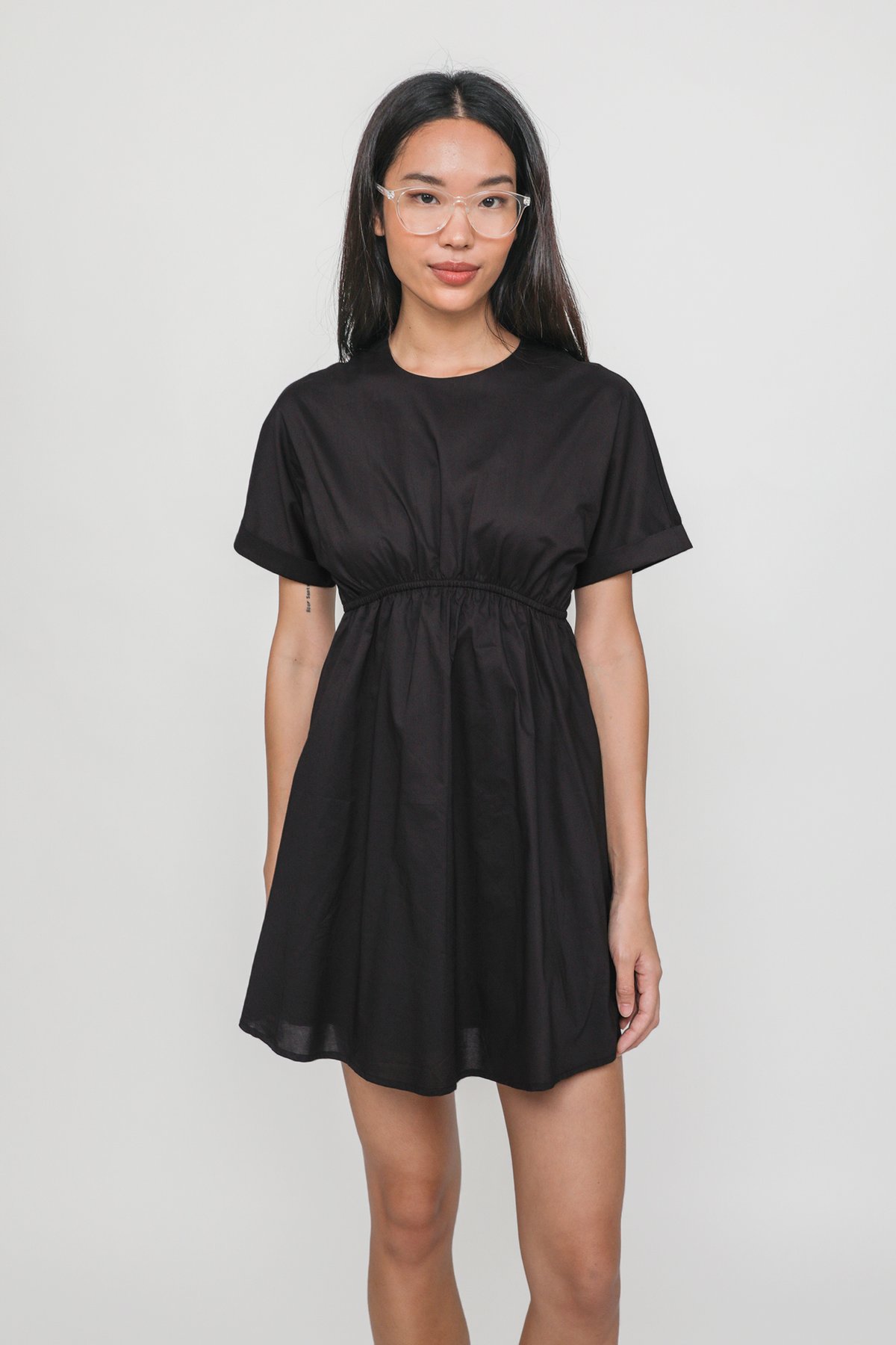 Mindy Cuffed Sleeve Babydoll Dress (Black)