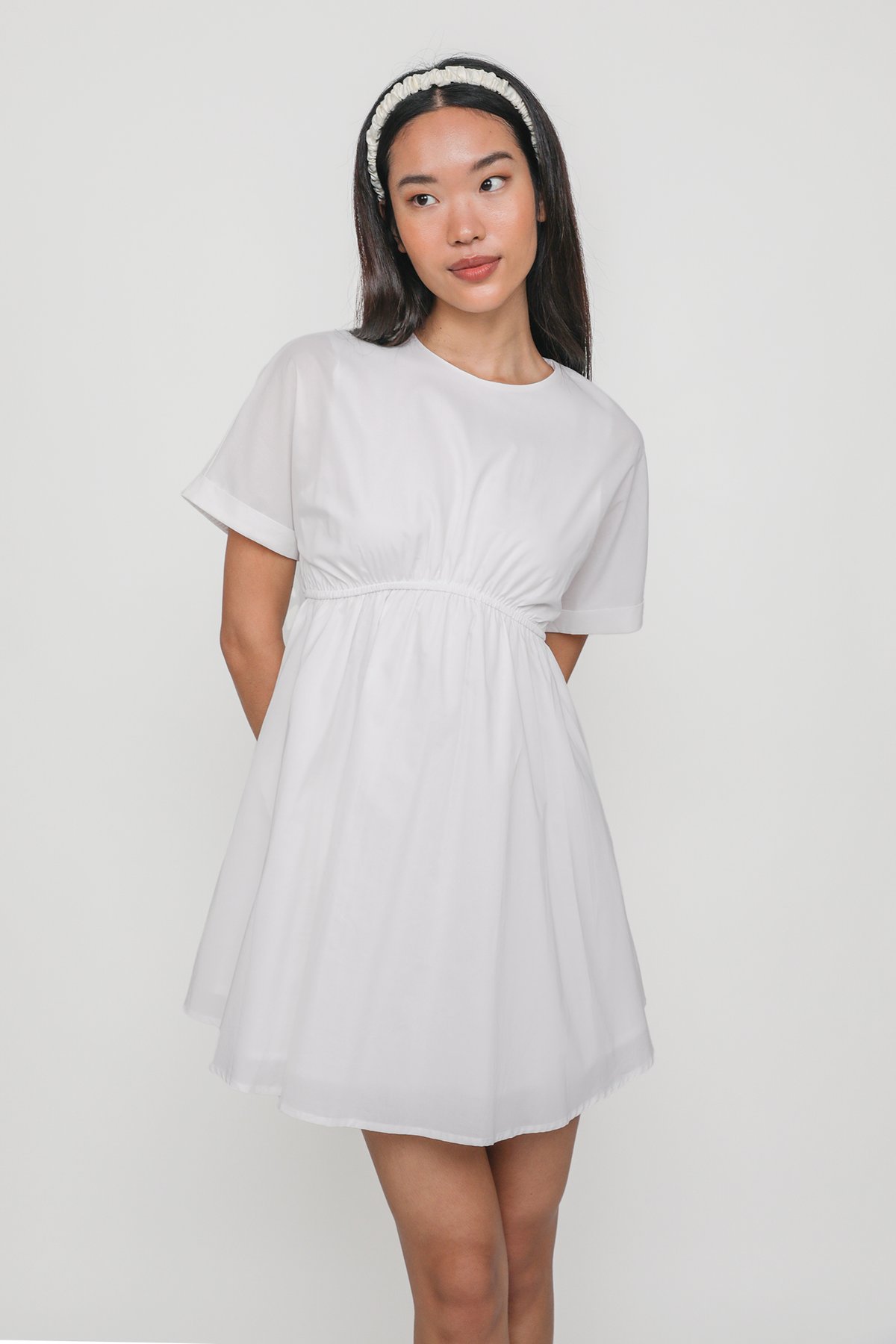 Mindy Cuffed Sleeve Babydoll Dress (White)