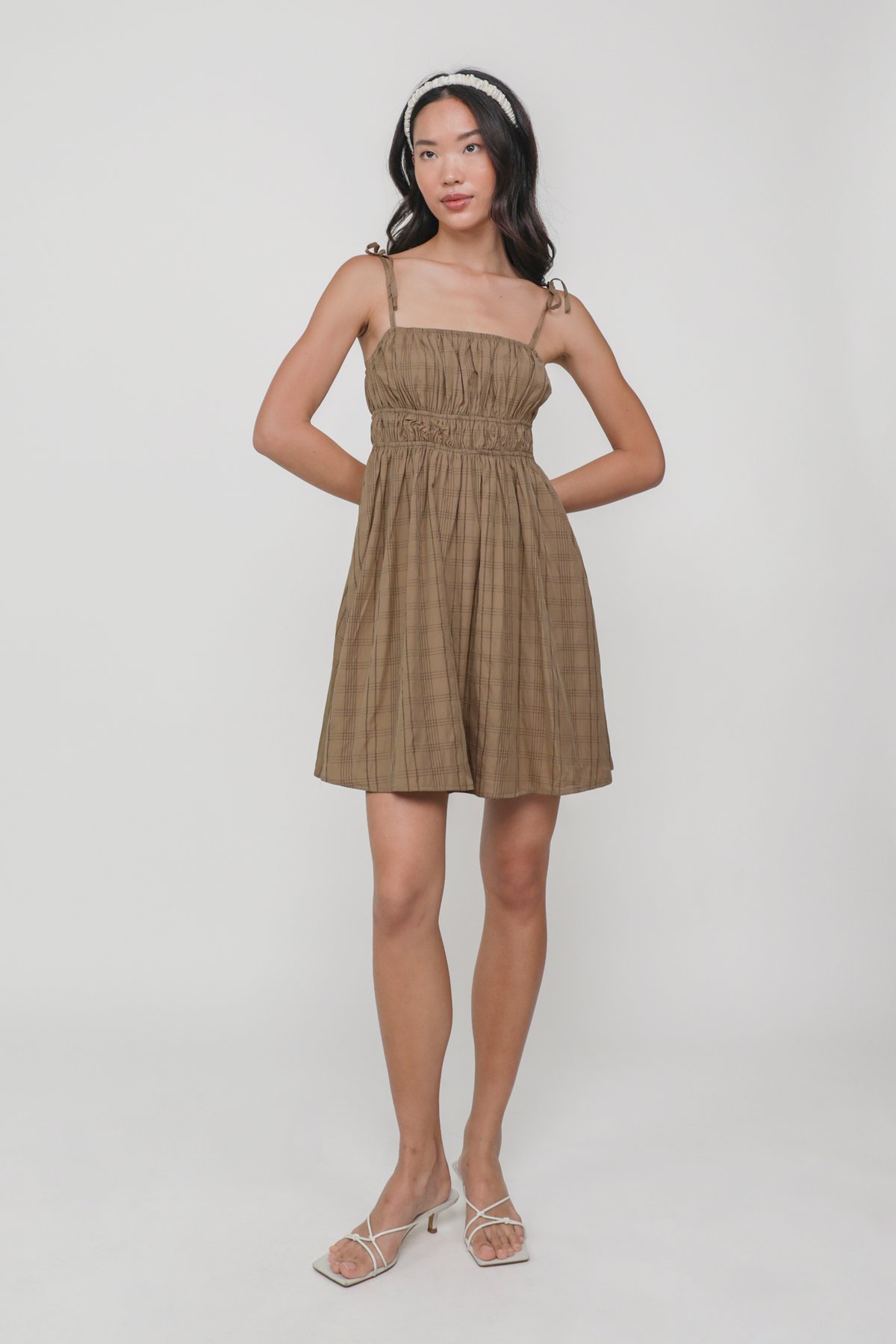 Medley Tie Shoulder Dress (Brown Checkered)