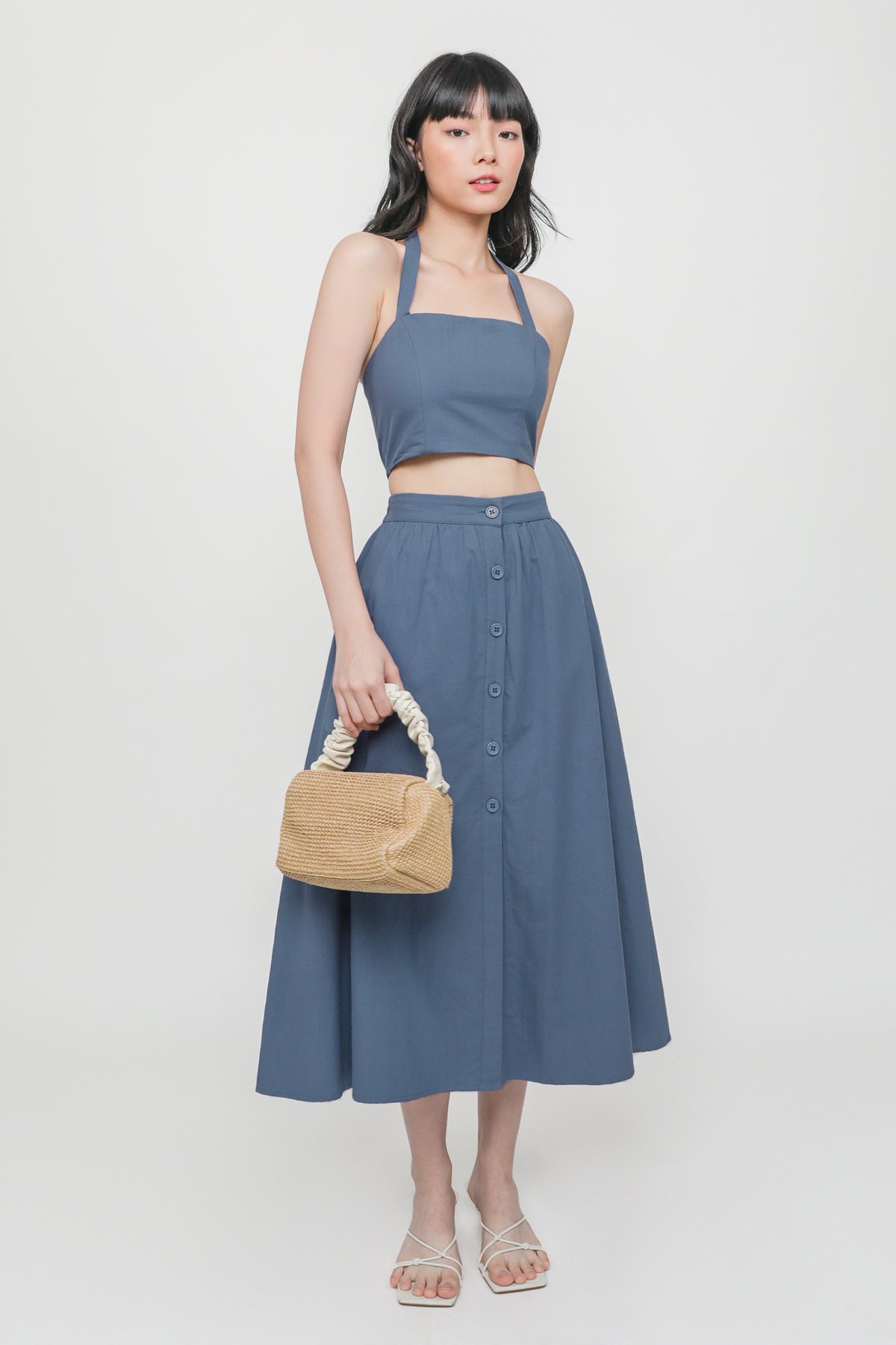 Agnes Button Midi Skirt (Steel Blue)
