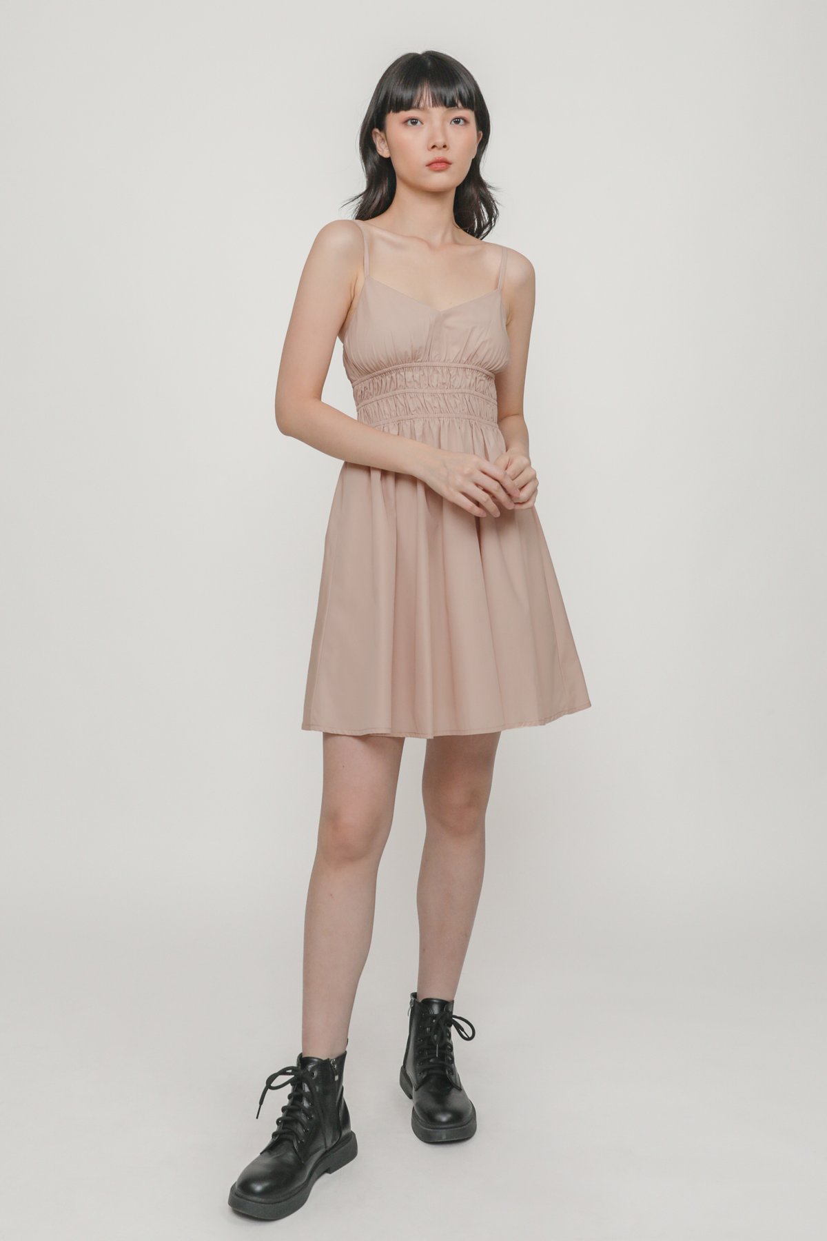 Emery Shirred Spag Dress (Blush Pink)