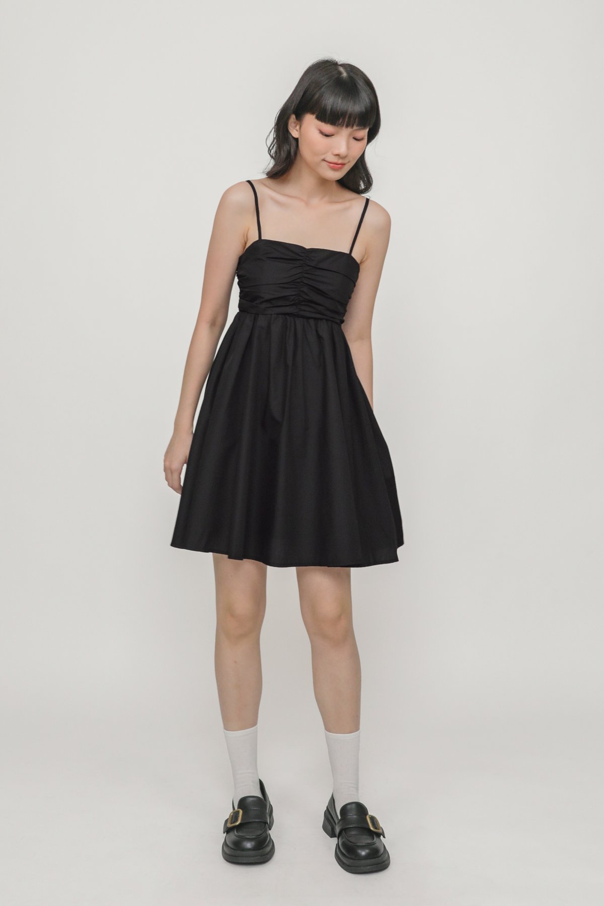 Everlyn Ruched Front Babydoll Dress (Black)