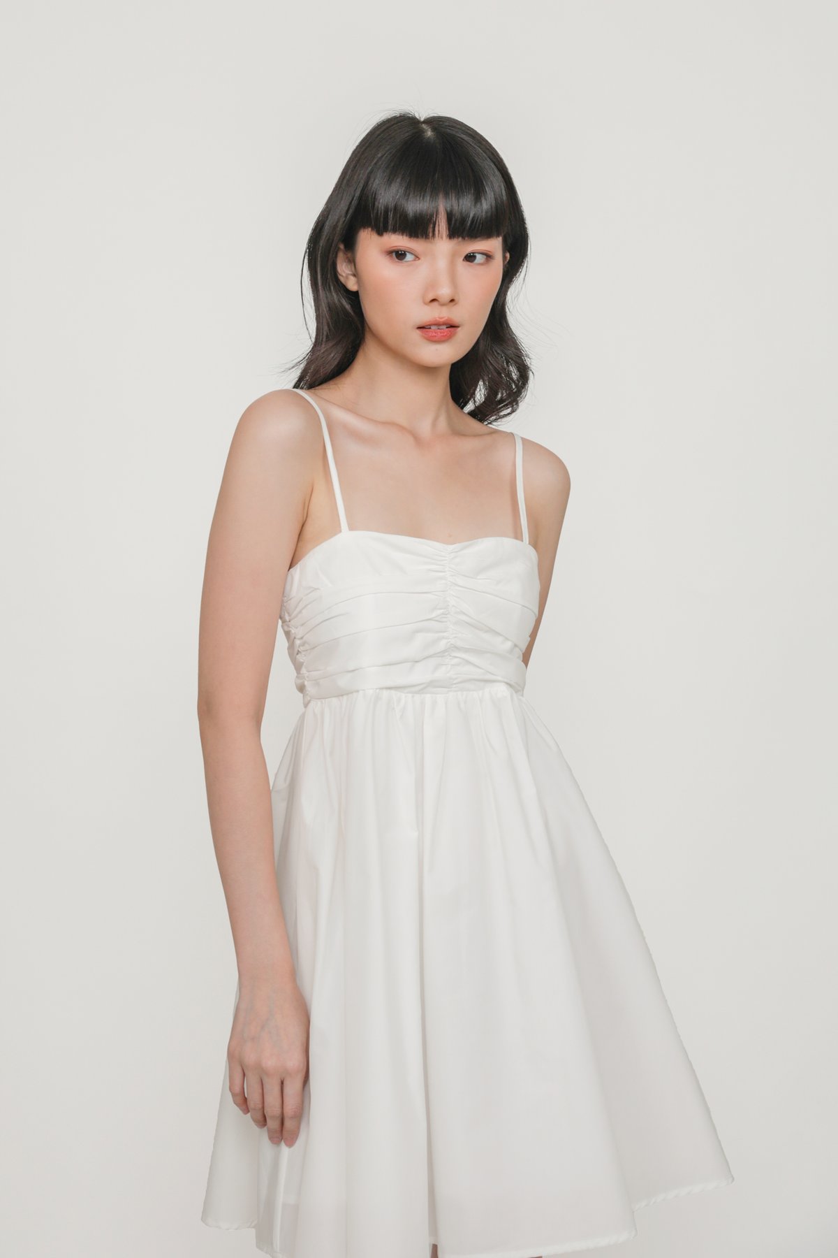 Everlyn Ruched Front Babydoll Dress (White)