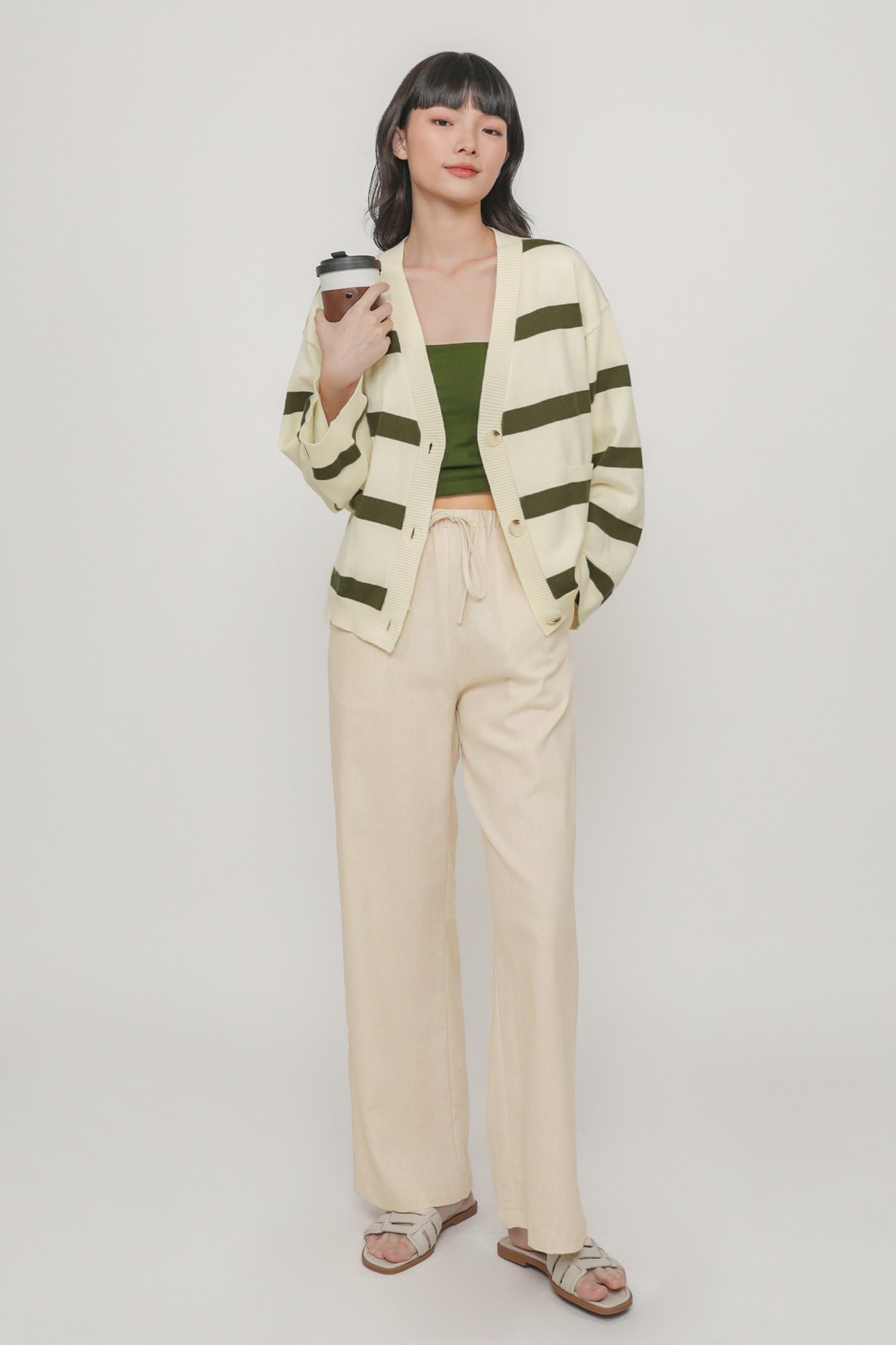 Kathy Wide Sleeve Knit Cardigan (Cream/Olive)